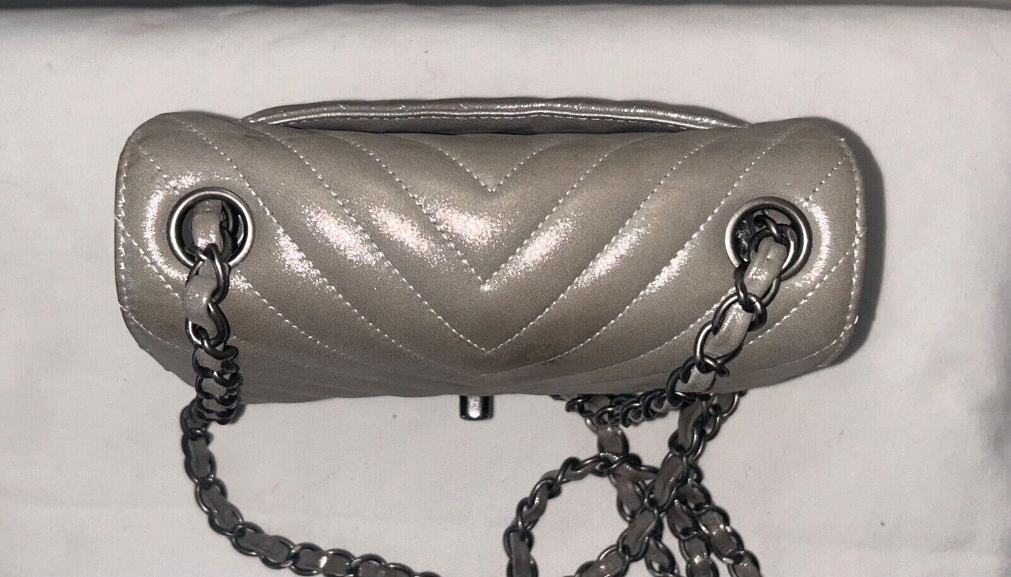 CHANEL Iridescent Calfskin Chevron Quilted Mini Square Flap Bag Silver