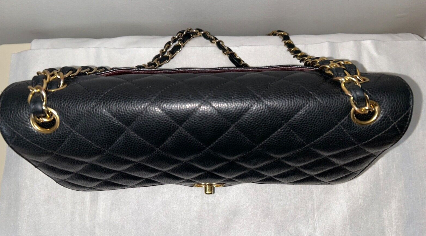 CHANEL Classic Jumbo Double Flap Quilted Caviar Leather Handbag Black/Gold