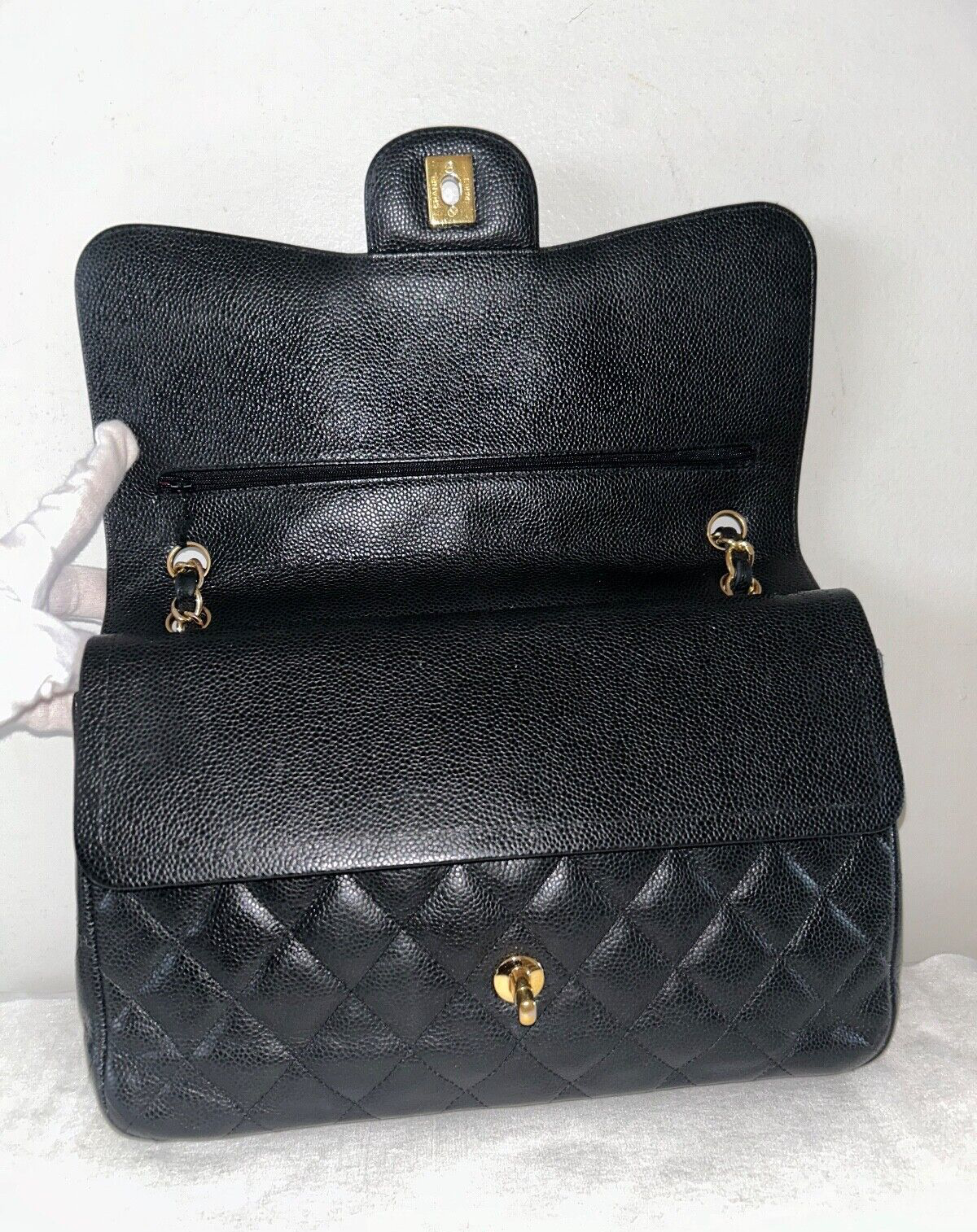 CHANEL Classic Jumbo Double Flap Quilted Caviar Leather Handbag Black/Gold