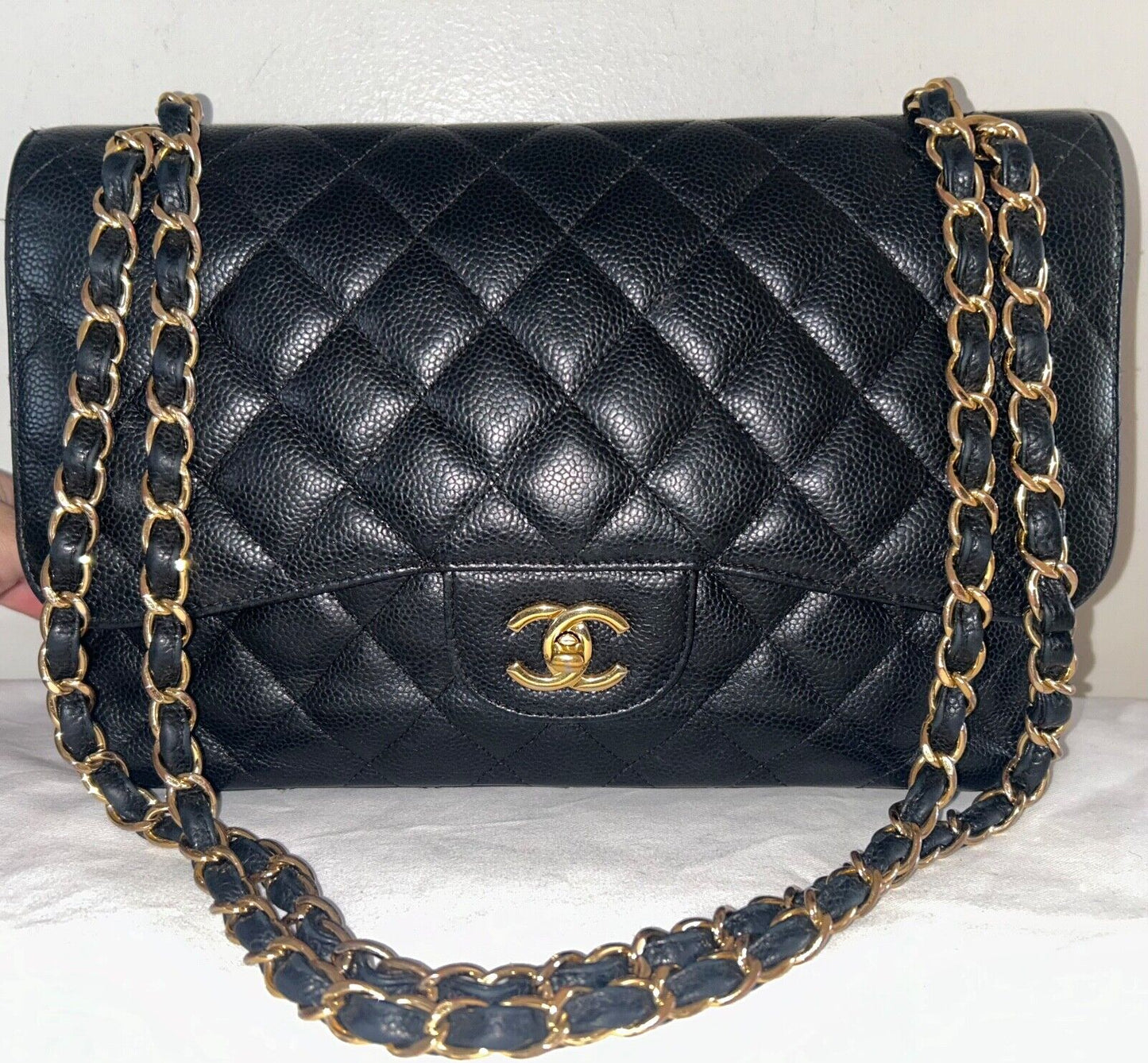 CHANEL Classic Jumbo Double Flap Quilted Caviar Leather Handbag Black/Gold