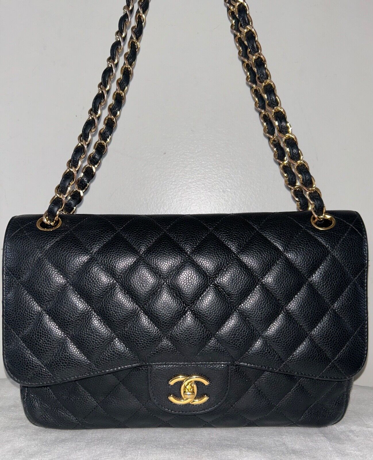 CHANEL Classic Jumbo Double Flap Quilted Caviar Leather Handbag Black/Gold