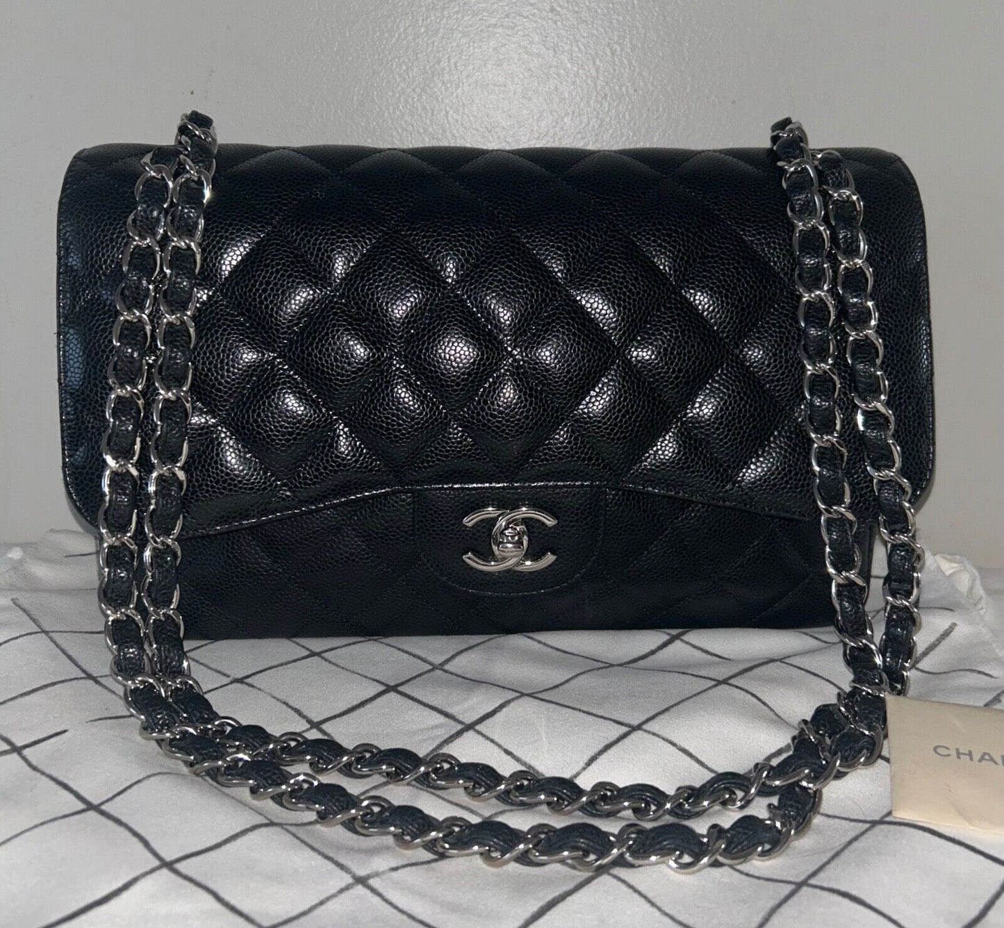 CHANEL Classic Jumbo Double Flap Caviar Leather Handbag Black