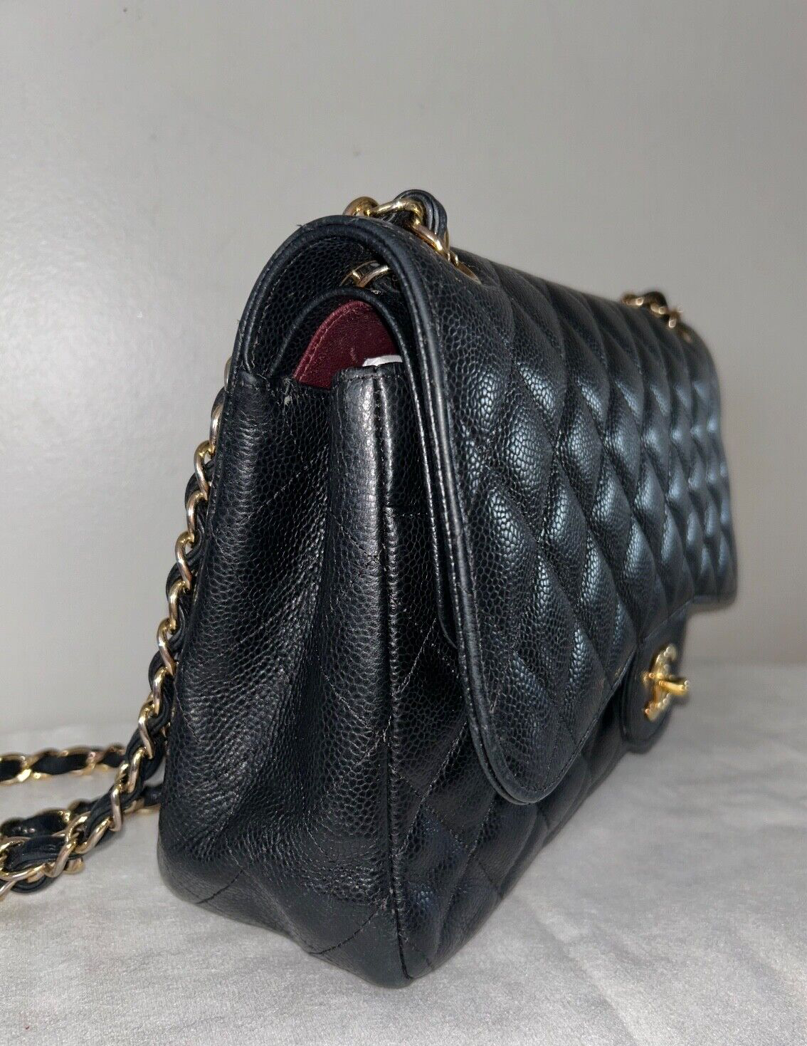 CHANEL Classic Jumbo Double Flap Quilted Caviar Leather Handbag Black/Gold