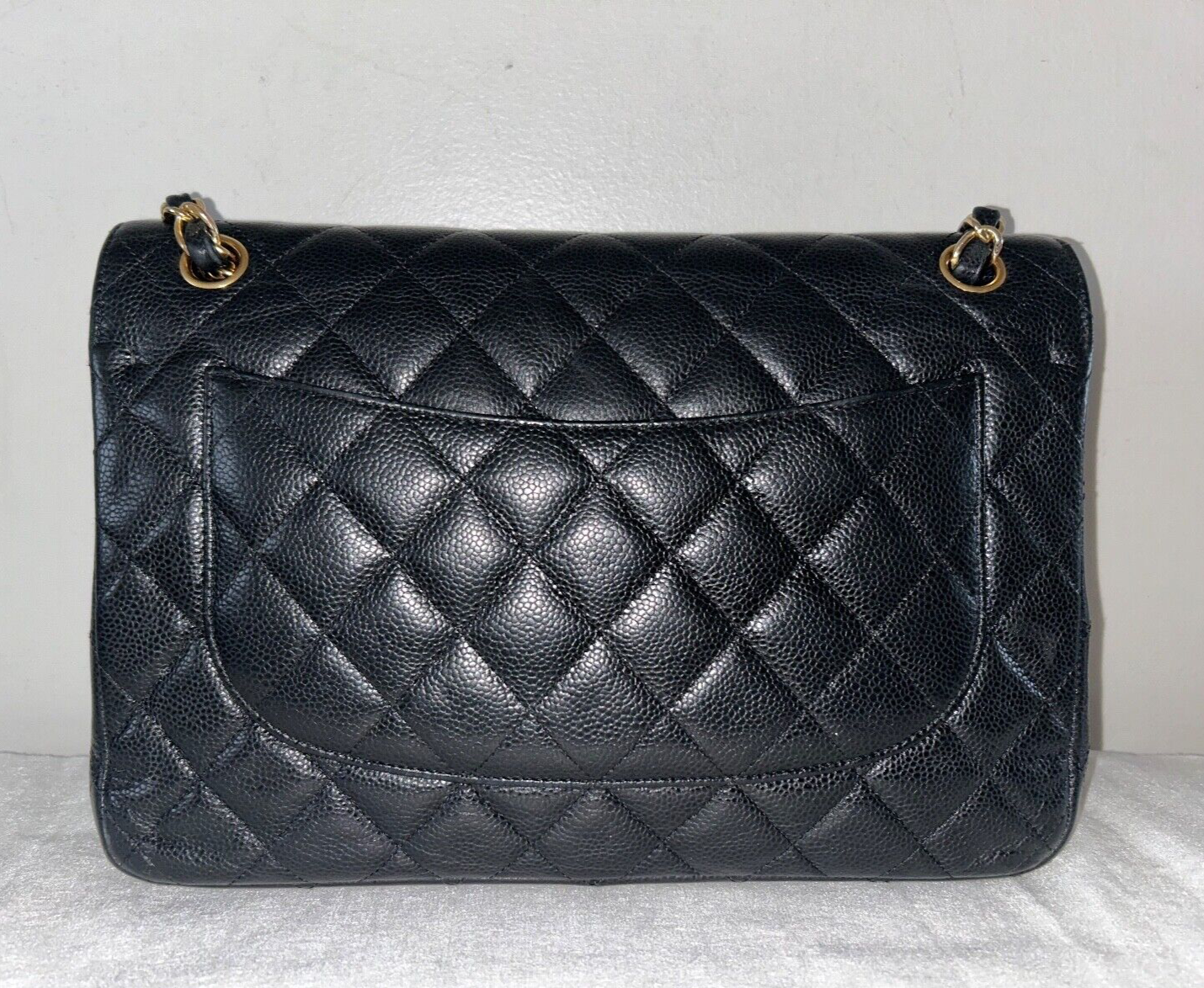 CHANEL Classic Jumbo Double Flap Quilted Caviar Leather Handbag Black/Gold