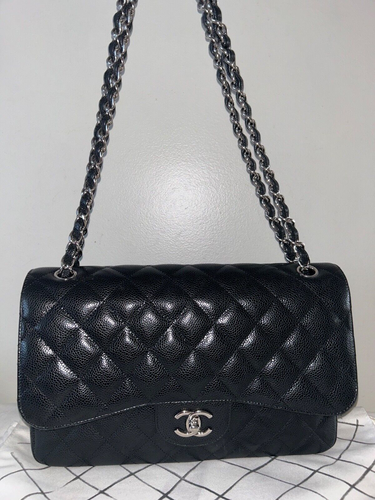 CHANEL Classic Jumbo Double Flap Caviar Leather Handbag Black