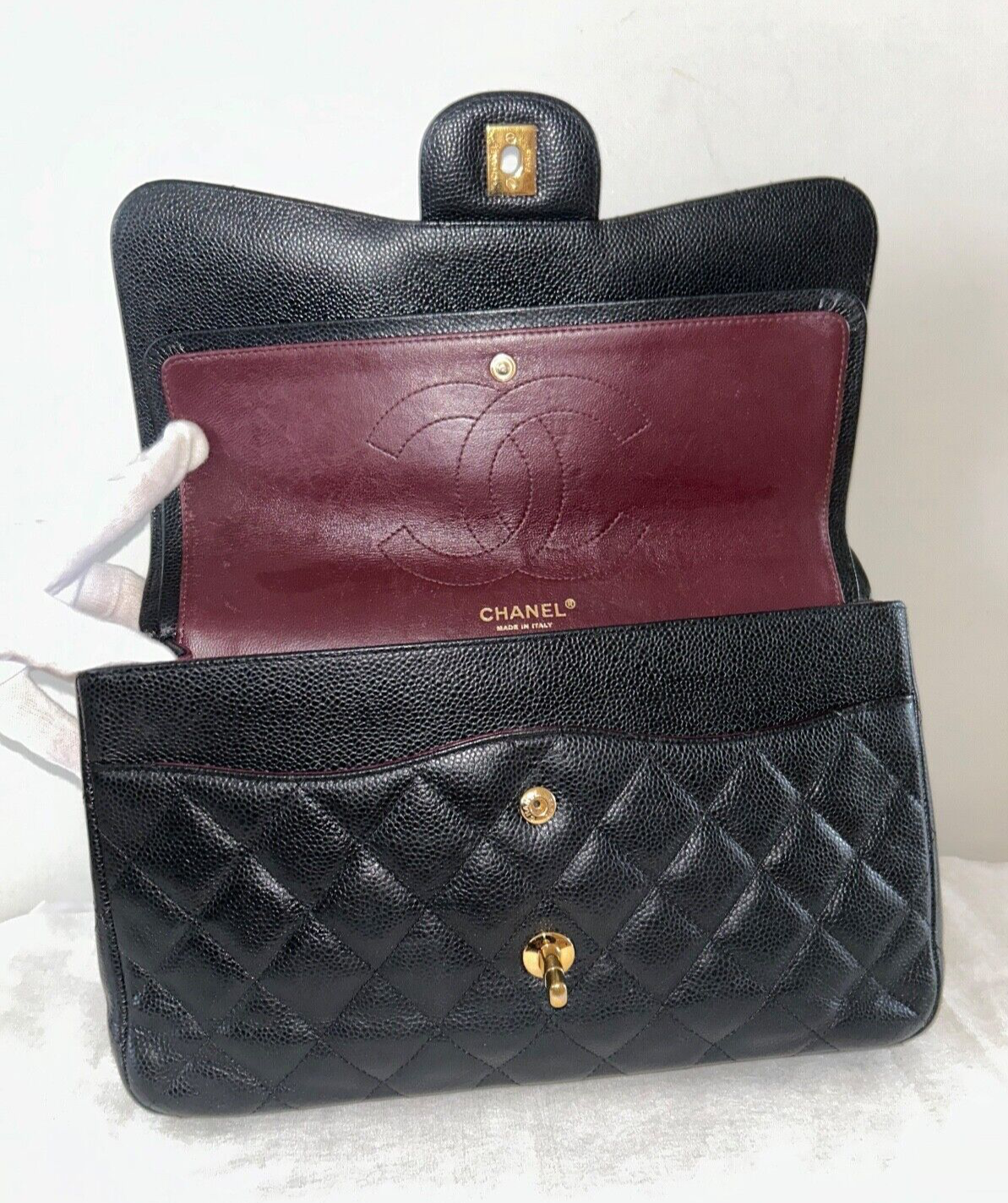 CHANEL Classic Jumbo Double Flap Quilted Caviar Leather Handbag Black/Gold