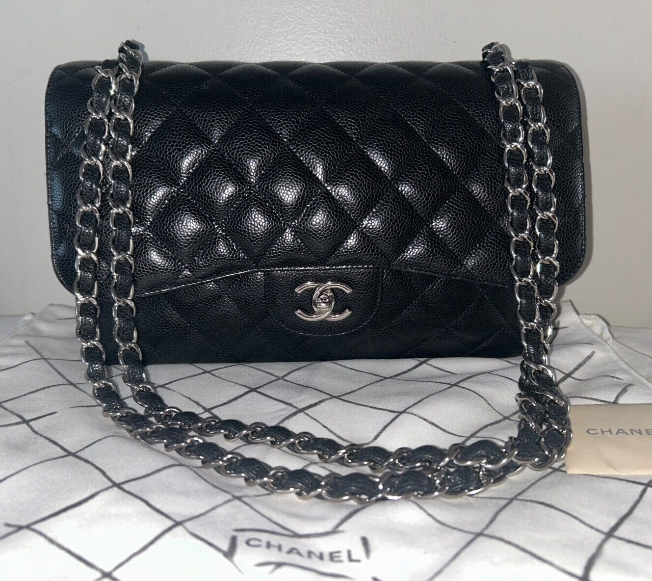 CHANEL Classic Jumbo Double Flap Caviar Leather Handbag Black