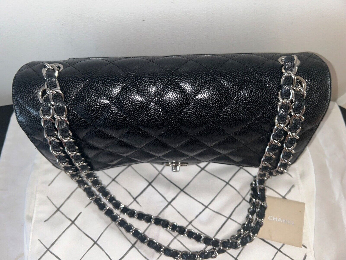 CHANEL Classic Jumbo Double Flap Caviar Leather Handbag Black