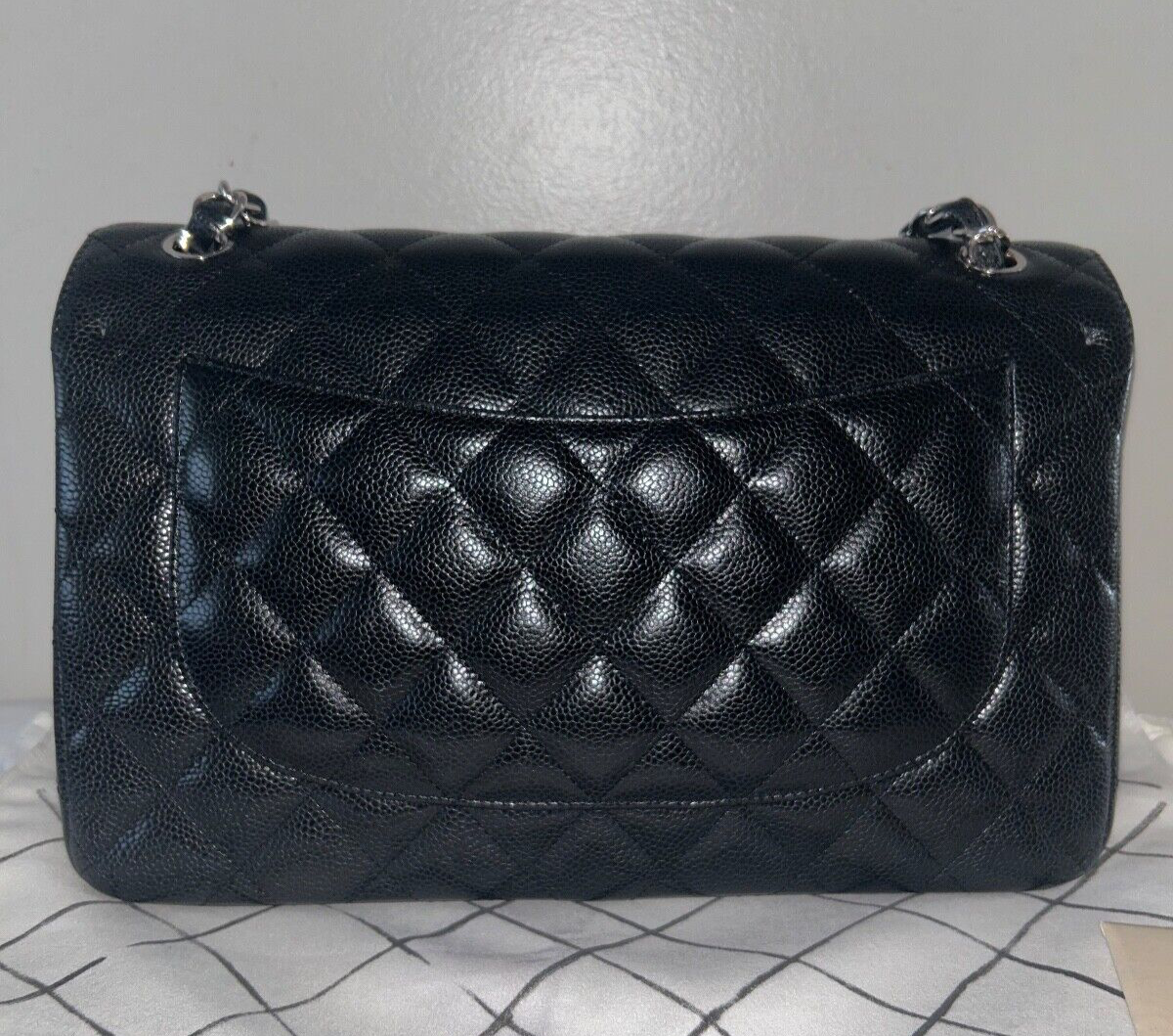 CHANEL Classic Jumbo Double Flap Caviar Leather Handbag Black