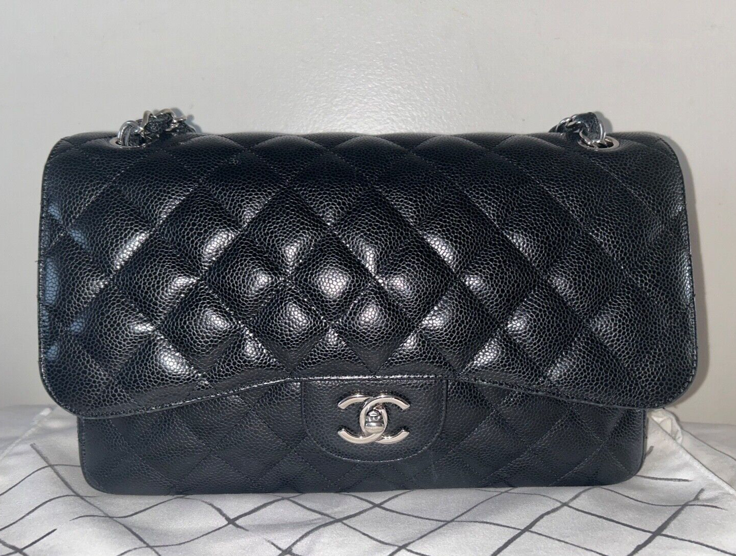 CHANEL Classic Jumbo Double Flap Caviar Leather Handbag Black