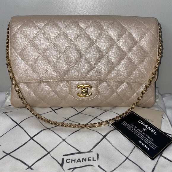 CHANEL Quilted Chain Flap Shoulder Bag Caviar Leather Champagne