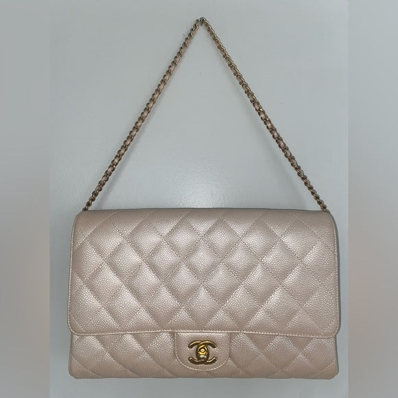 CHANEL Quilted Chain Flap Shoulder Bag Caviar Leather Champagne