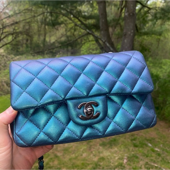 CHANEL Classic Mini Flap Iridescent Blue Lambskin Leather Bag