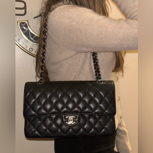 CHANEL Medium Classic Double Flap Caviar Leather Handbag Black