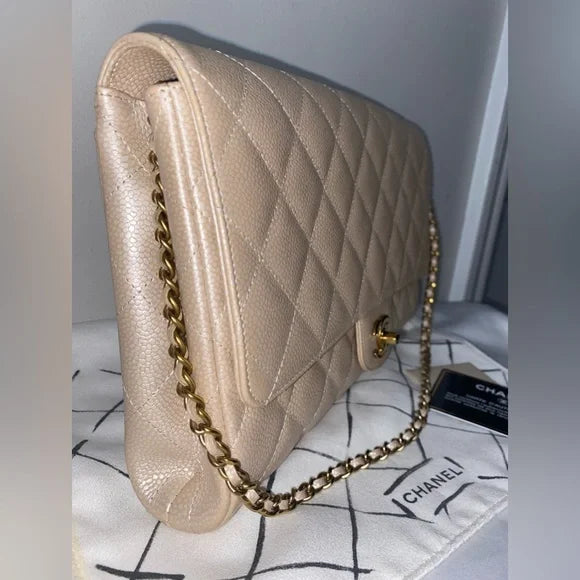 CHANEL Quilted Chain Flap Shoulder Bag Caviar Leather Champagne