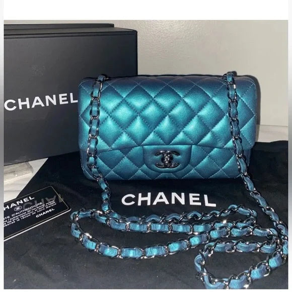 CHANEL Classic Mini Flap Iridescent Blue Lambskin Leather Bag