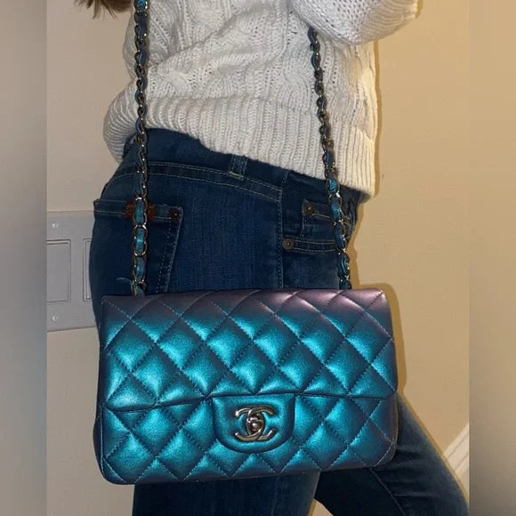 CHANEL Classic Mini Flap Iridescent Blue Lambskin Leather Bag