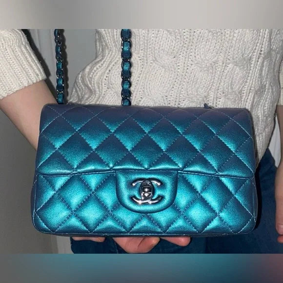 CHANEL Classic Mini Flap Iridescent Blue Lambskin Leather Bag