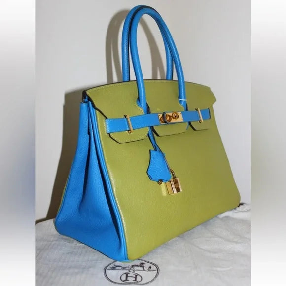 HERMÈS Birkin 30 Vert Anis/Blue Hydra Chevre Leather Gold Hardware