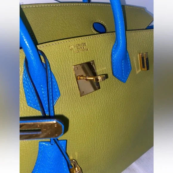 HERMÈS Birkin 30 Vert Anis/Blue Hydra Chevre Leather Gold Hardware