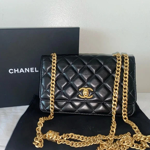 CHANEL 22K Classic Quilted Lambskin Leather Shoulder Bag WOC Black/Gold