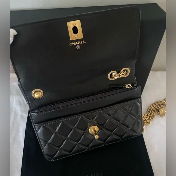 CHANEL 22K Classic Quilted Lambskin Leather Shoulder Bag WOC Black/Gold