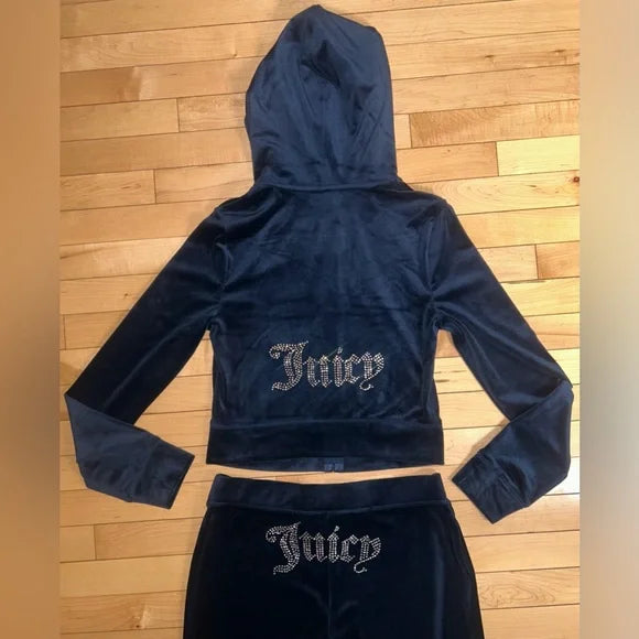 NEW! JUICY COUTURE Velour OG Bling Tracksuit Hoodie & Pant Set Regal Blue Navy Size L