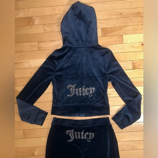 NEW! JUICY COUTURE Velour OG Bling Tracksuit Hoodie & Pant Set Regal Blue Navy Size M