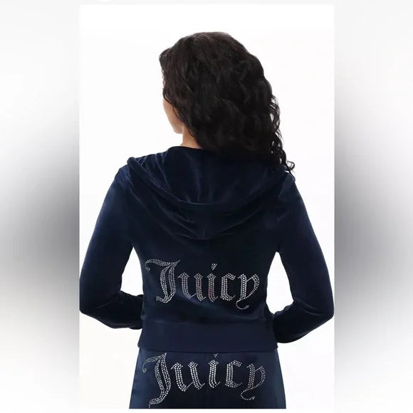 NEW! JUICY COUTURE Velour OG Bling Tracksuit Hoodie & Pant Set Regal Blue Navy Size L