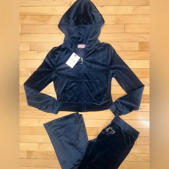 NEW! JUICY COUTURE Velour OG Bling Tracksuit Hoodie & Pant Set Regal Blue Navy Size L