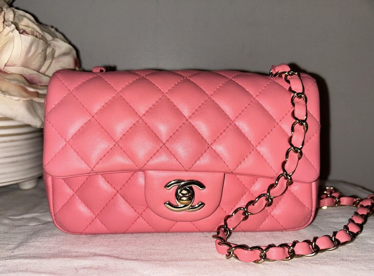 CHANEL 22S Classic Mini Rectangular Flap Bag Quilted Lambskin Leather Pink/Gold