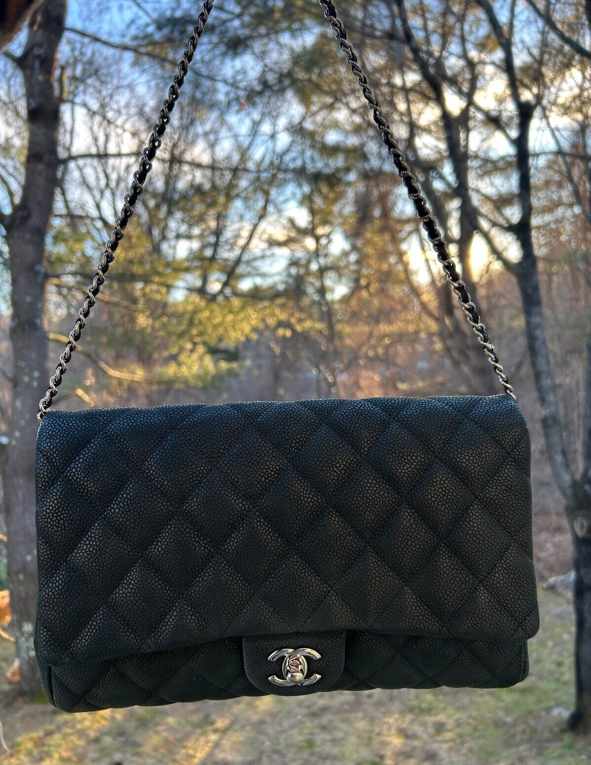 CHANEL Classic CC Quilted Single Flap Shoulder Bag Caviar Leather Black