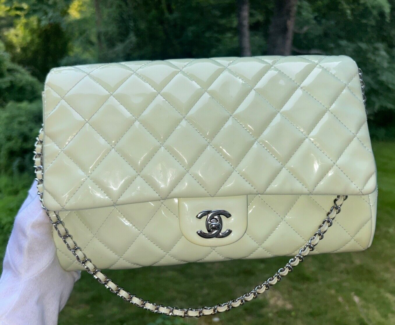 CHANEL Classic Quilted Flap Shoulder Bag Patent Leather Pastel Mint