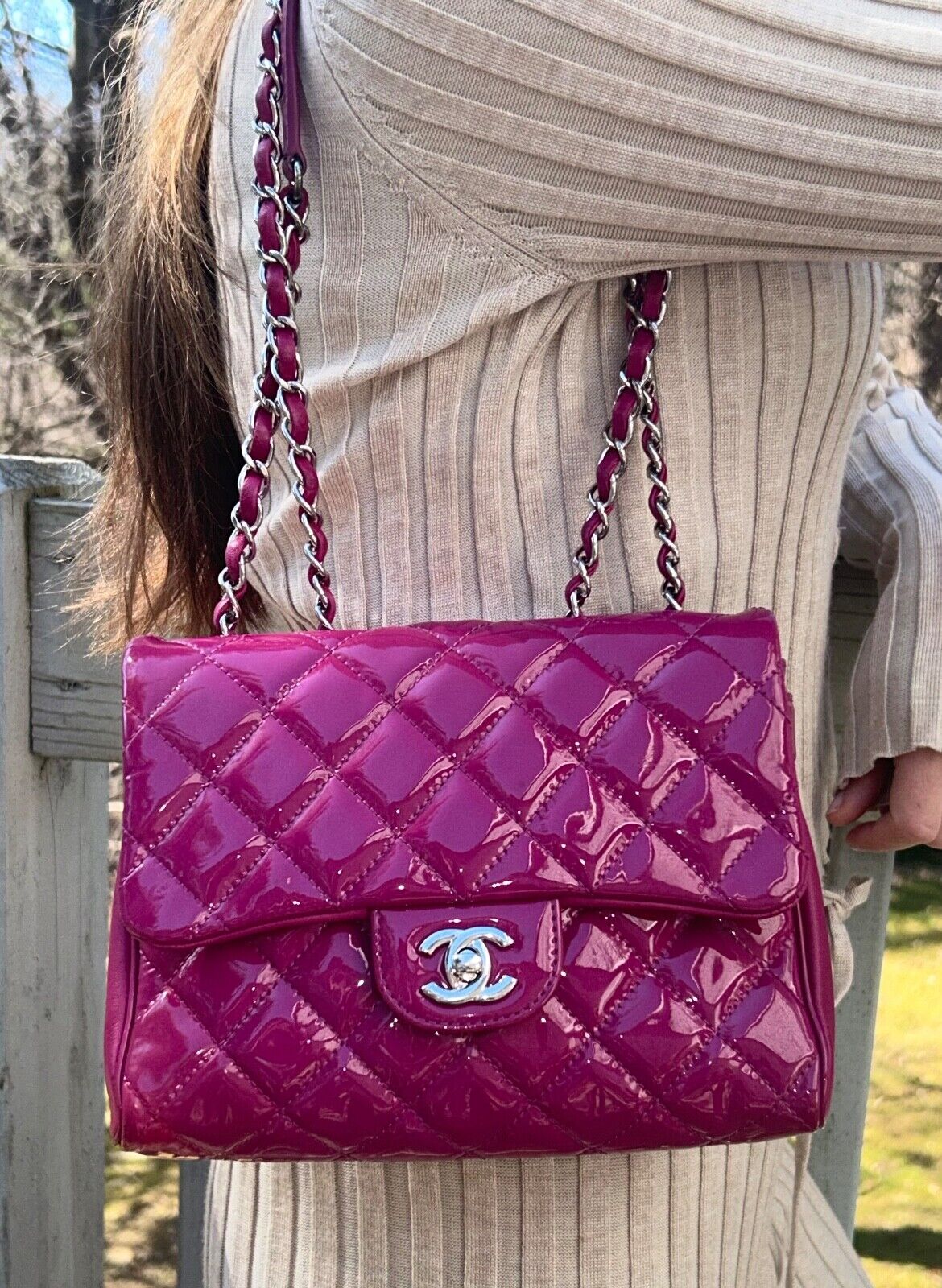 CHANEL Classic CC Crossbody Flap Bag Quilted Patent Leather Fuchsia Pink