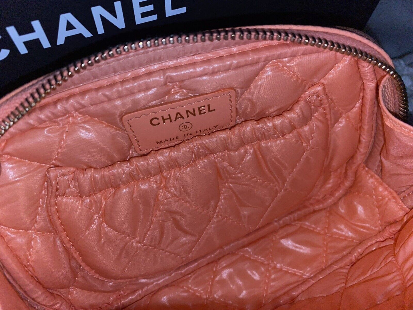 CHANEL 23C Curvy Zip Pouch Case Quilted Caviar Leather Pinky Peach