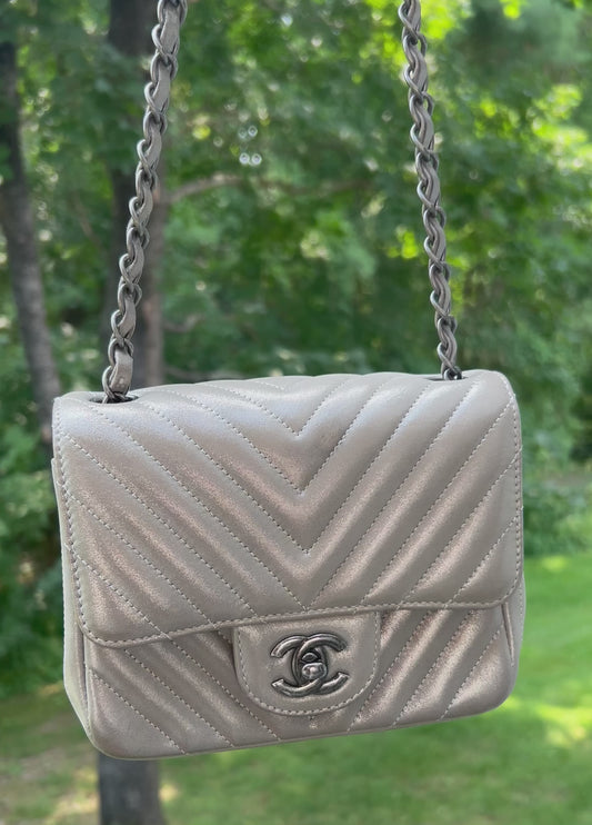 CHANEL Iridescent Calfskin Chevron Quilted Mini Square Flap Bag Silver