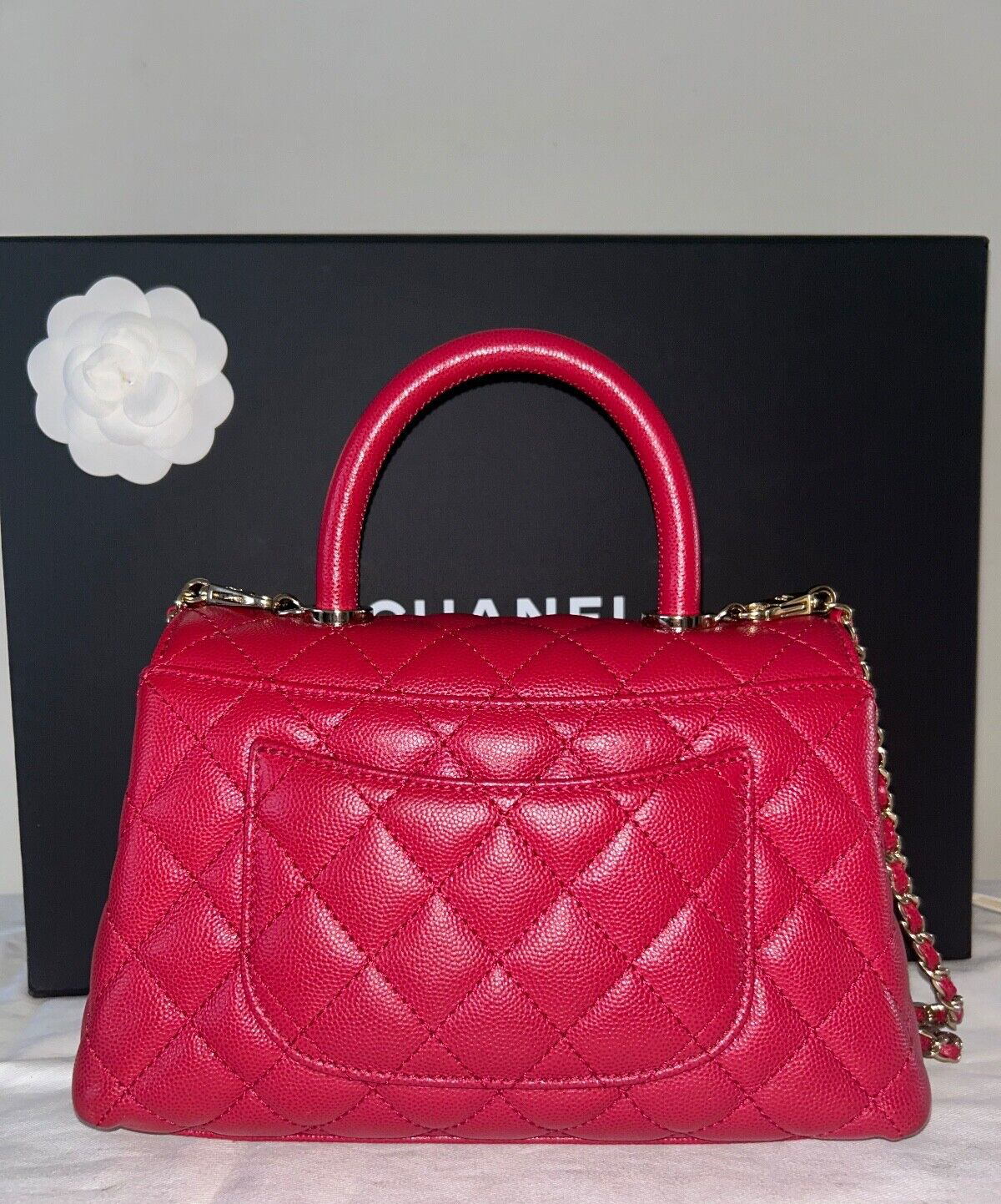 CHANEL 21A Quilted Caviar Mini Coco Handle Flap Bag Raspberry/Light Gold