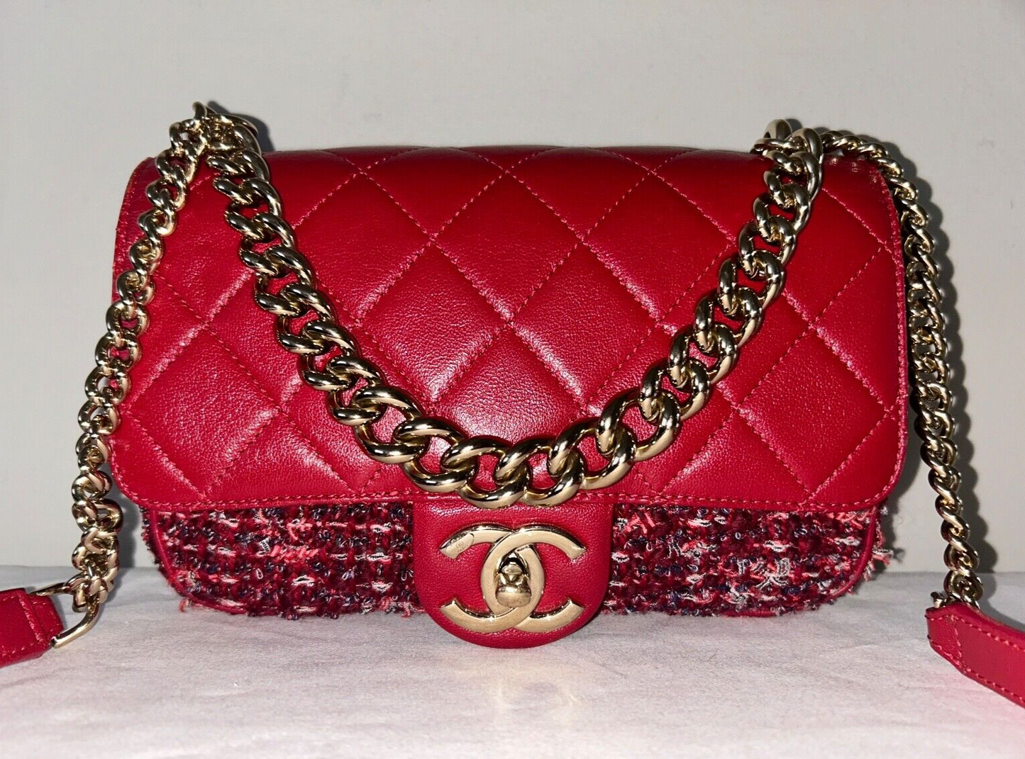 CHANEL Classic Small Tweed Lambskin Quilted Flap Crossbody Bag Red/Gold