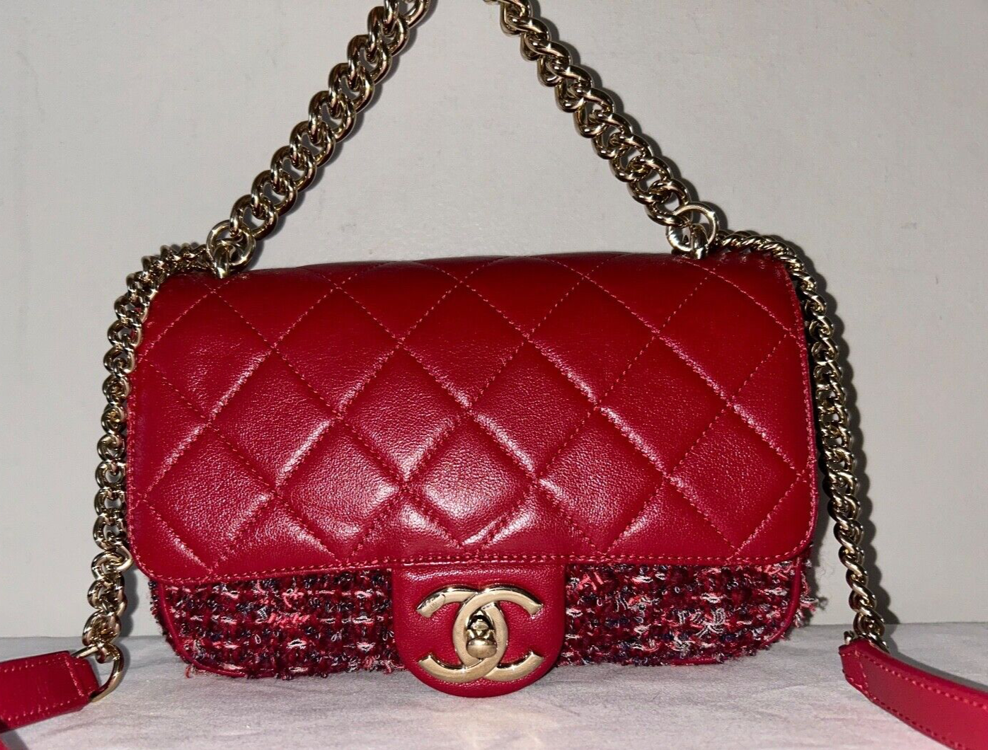 CHANEL Classic Small Tweed Lambskin Quilted Flap Crossbody Bag Red/Gold