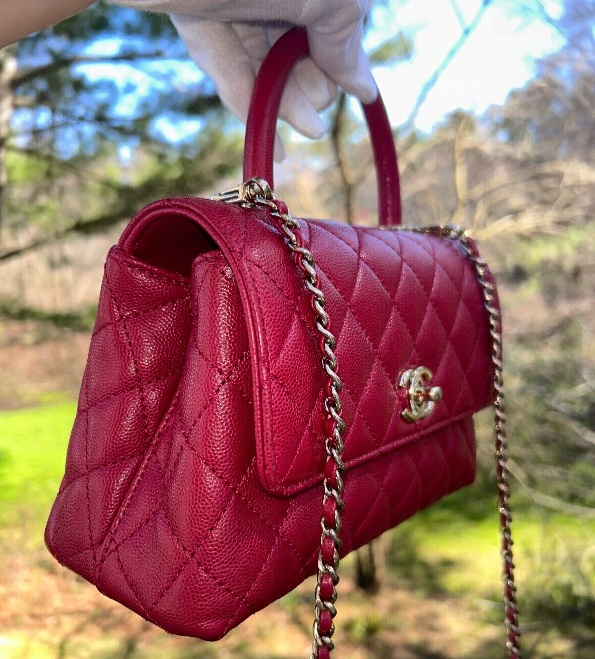 CHANEL 21A Quilted Caviar Mini Coco Handle Flap Bag Raspberry/Light Gold