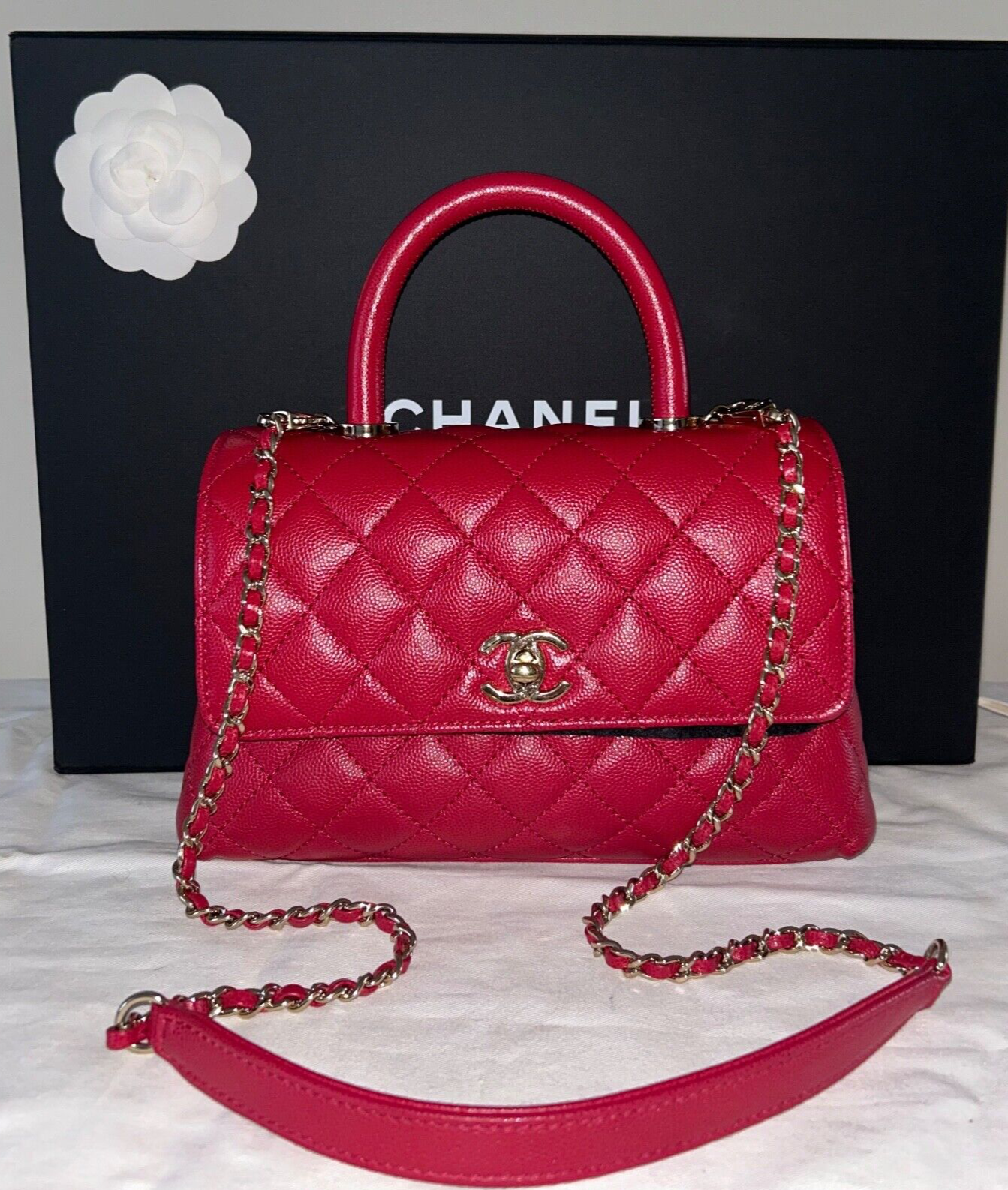 CHANEL 21A Quilted Caviar Mini Coco Handle Flap Bag Raspberry/Light Gold