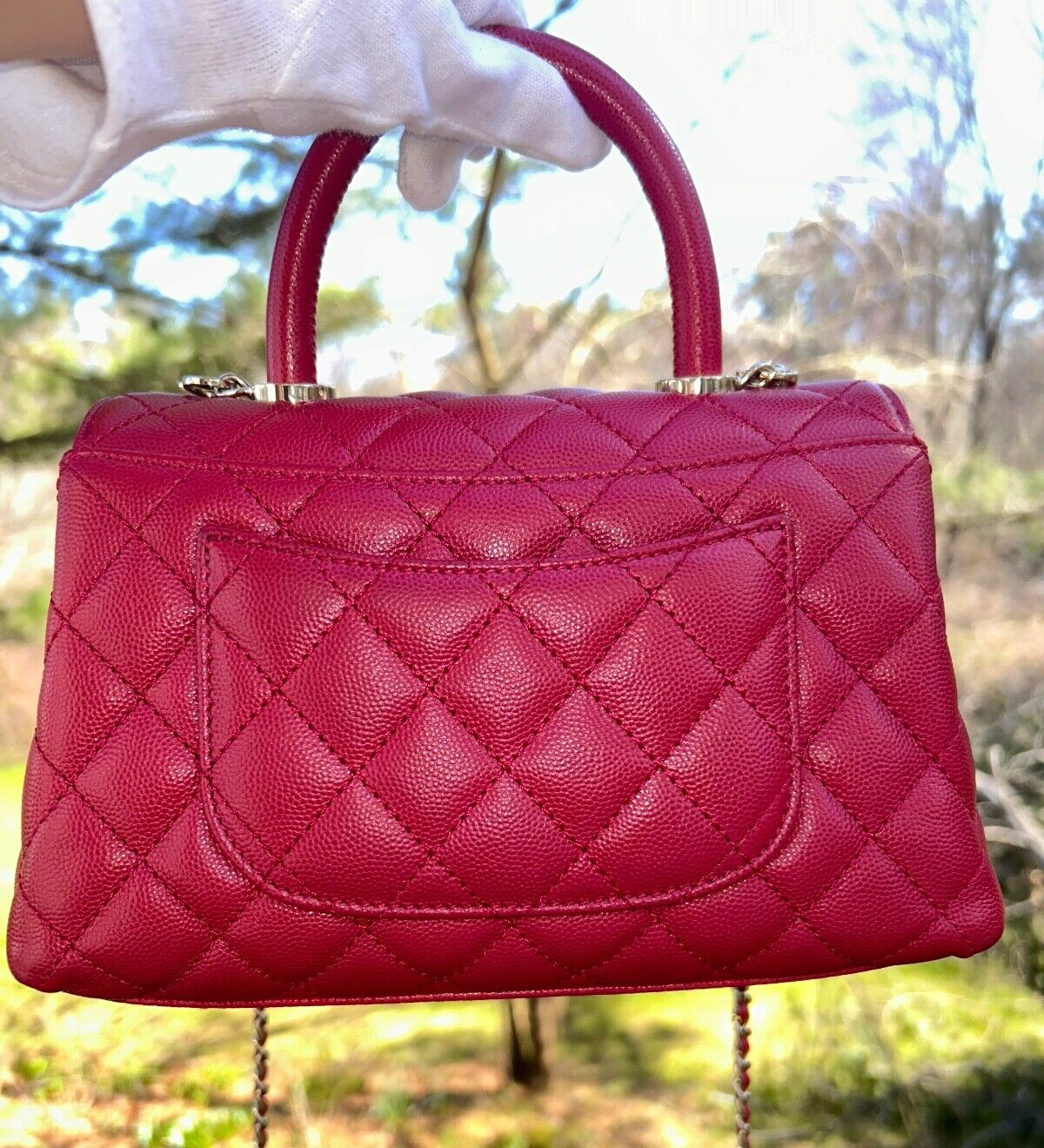 CHANEL 21A Quilted Caviar Mini Coco Handle Flap Bag Raspberry/Light Gold