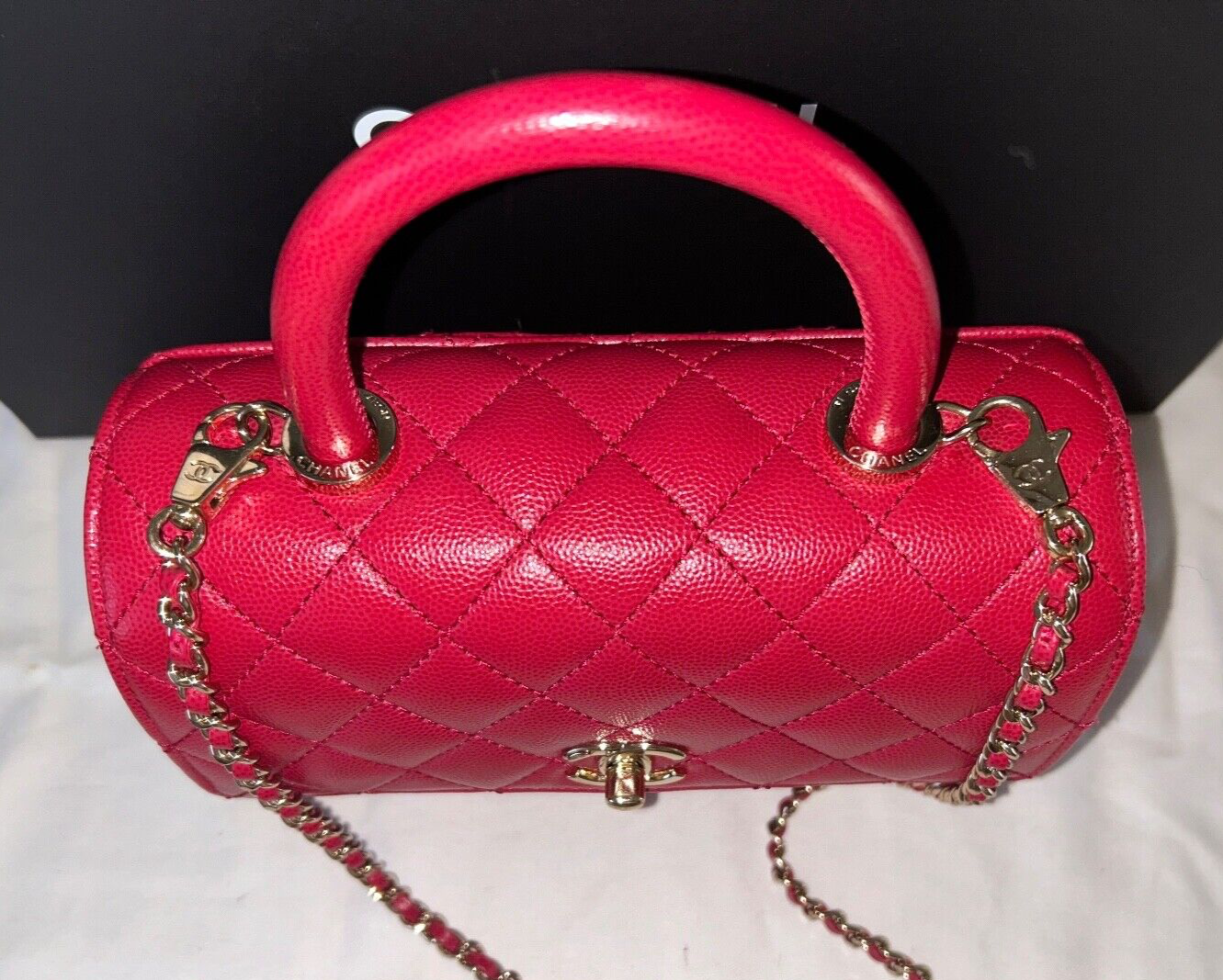 CHANEL 21A Quilted Caviar Mini Coco Handle Flap Bag Raspberry/Light Gold