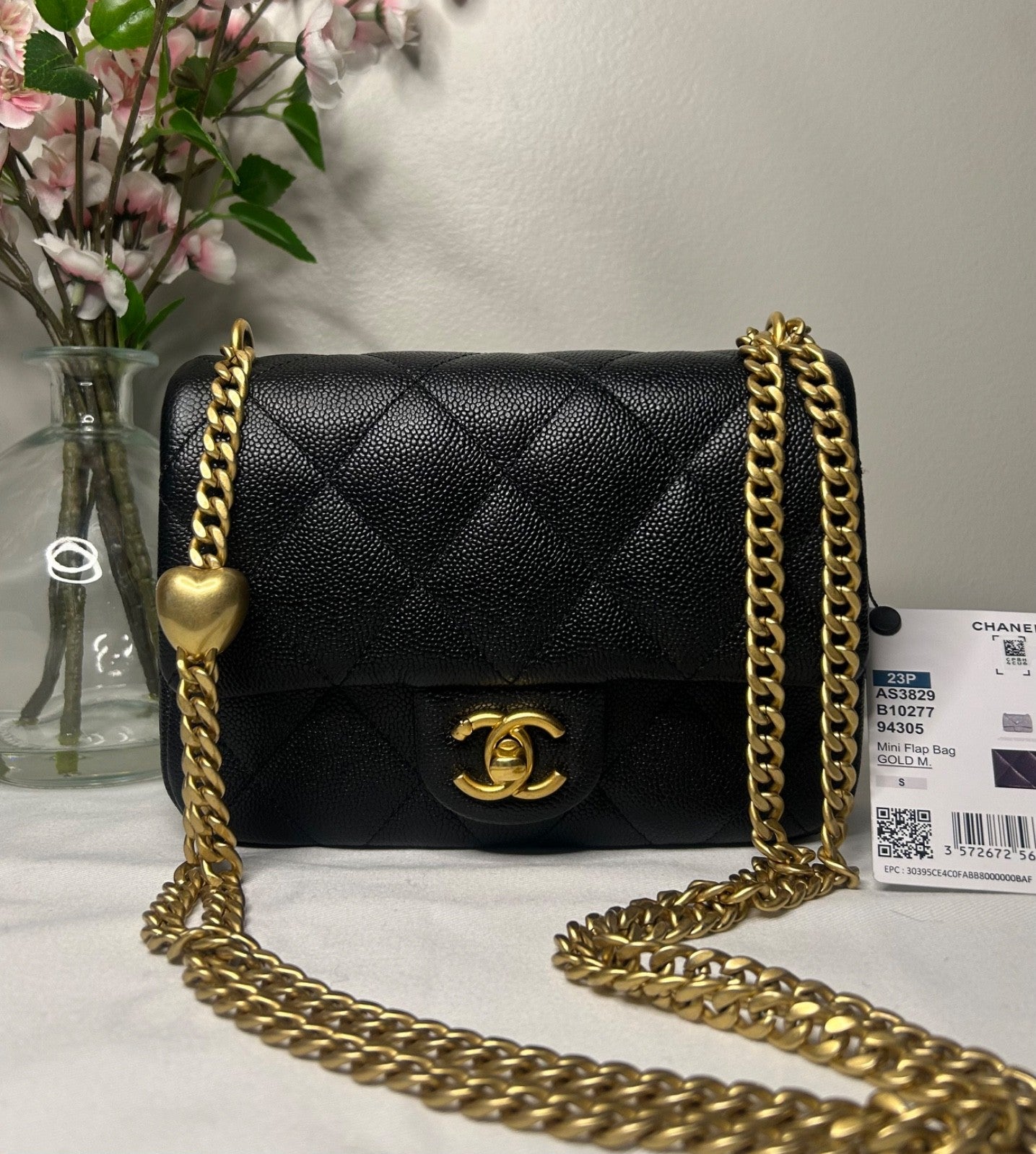 CHANEL 23P Mini Rectangular Sweetheart Quilted Caviar Flap Bag Black