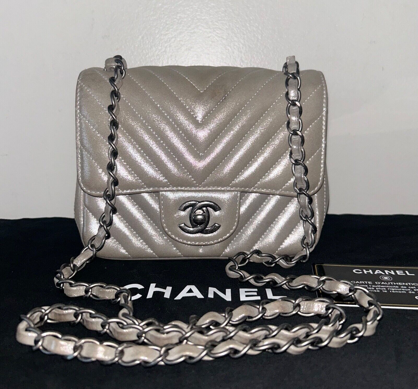 CHANEL Iridescent Calfskin Chevron Quilted Mini Square Flap Bag Silver