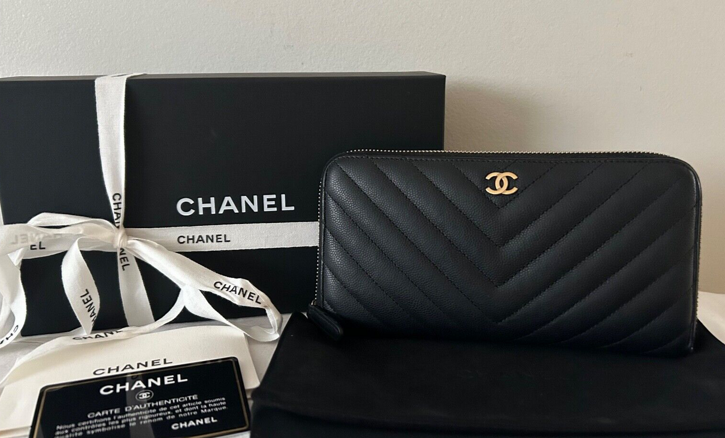 CHANEL Chevron Quilted Caviar Leather Zip Around Long Wallet Black