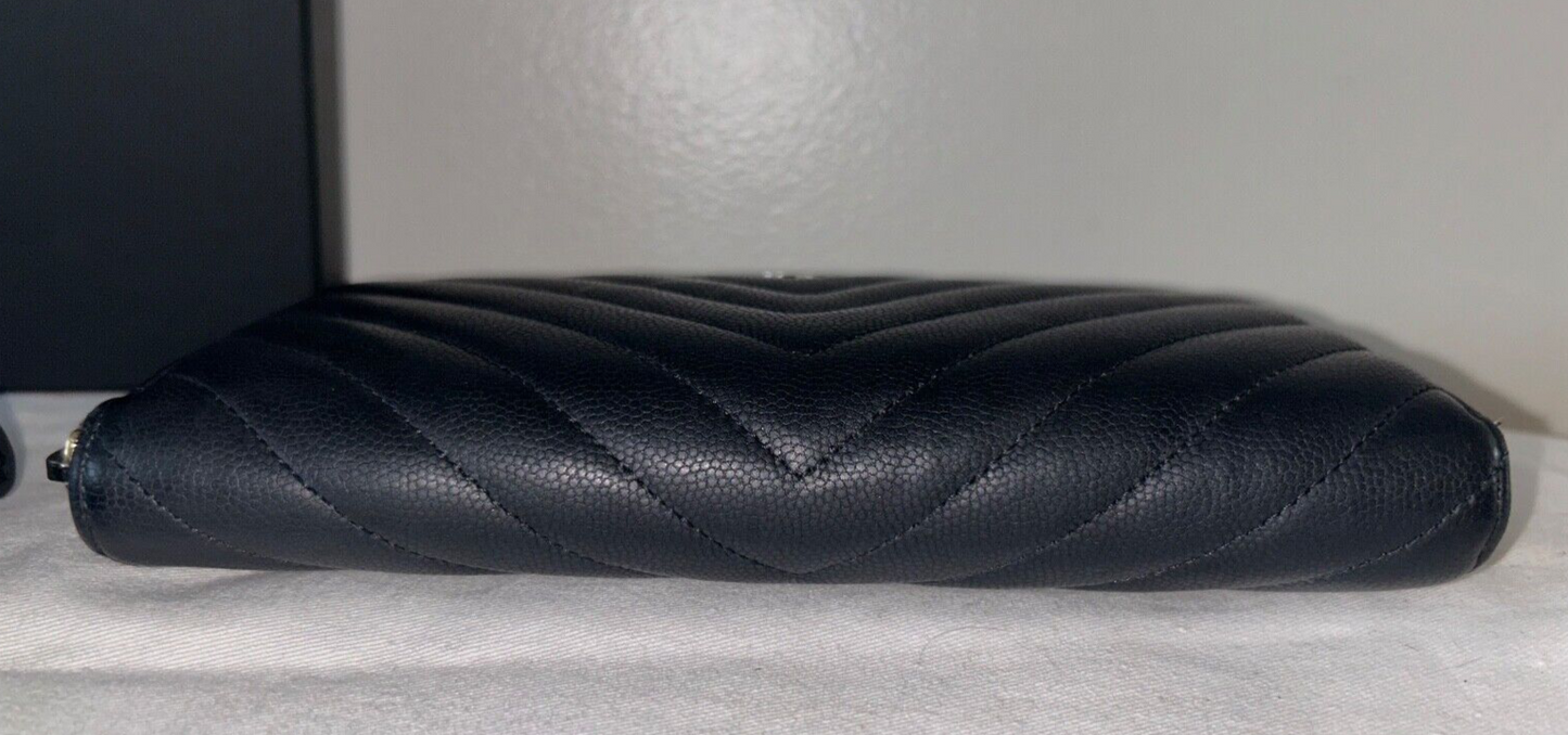 CHANEL Chevron Quilted Caviar Leather Zip Around Long Wallet Black