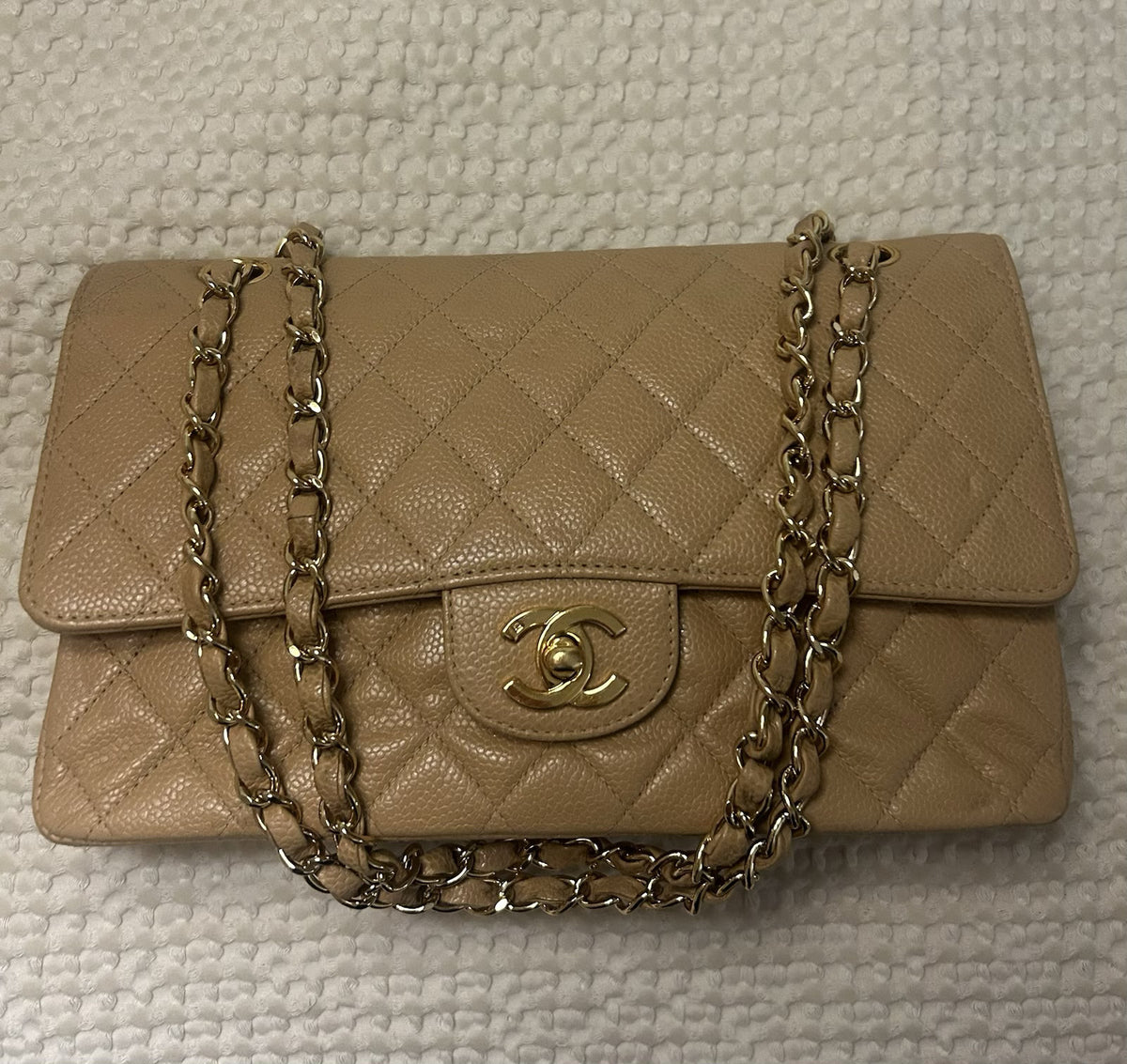 CHANEL Medium Classic Double Flap Caviar Quilted Handbag Beige/24k Gold