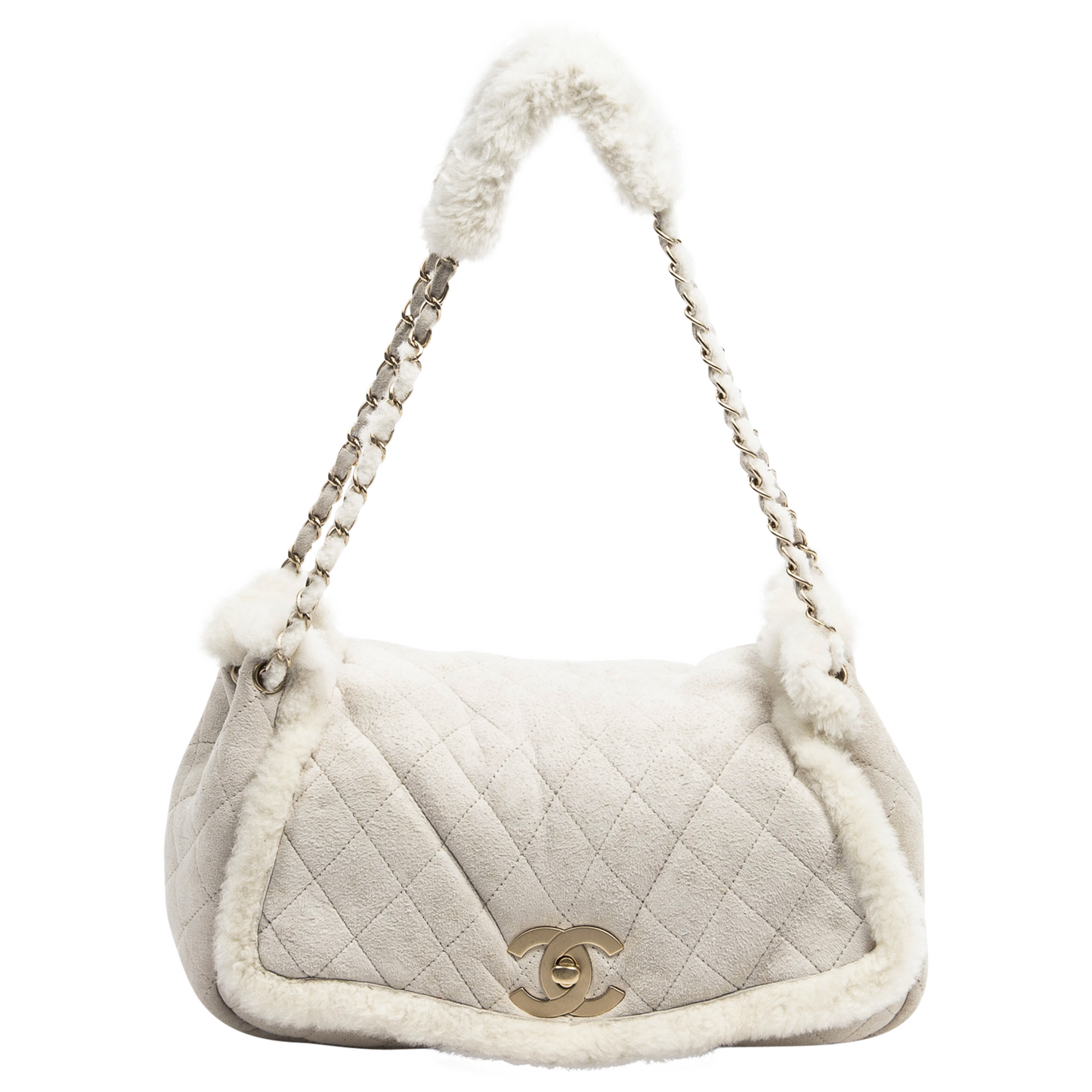 CHANEL CC Quilted Suede & Shearling Large Flap Shoulder Bag Ivory