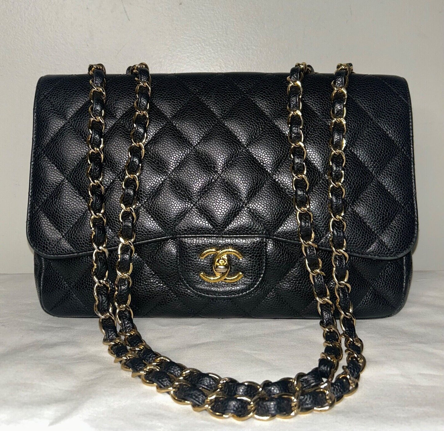 CHANEL Classic Jumbo Flap Quilted Caviar Leather Handbag Black/Gold Hardware